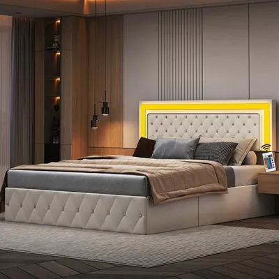 Zdjęcie produktu dla Łóżko podwójne ProximaX 140 x 200 cm z hydraulicznym schowkiem, beżowy aksamit, oświetlenie LED RGB, pikowanie z kryształowymi guzikami, łóżko z schowkiem