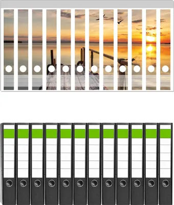 Produktbild von Wallario 12 Stück schmale Ordner inkl. Klebeetiketten mit Motive Sonnenuntergang über dem See  idyllischer Steg -  Set mit Rückenschildern / Ordnerrücken Stickern
