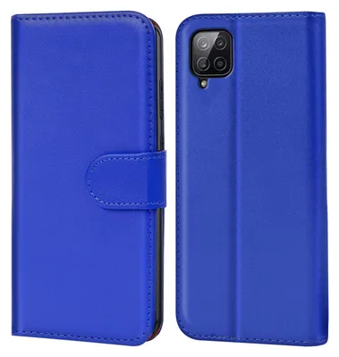 A blue flip case for a smartphone is shown from the front and back.