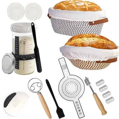 Produktbild von 21-teiliges Sauerteig Starter Set mit rundem 10 Zoll und ovalem 12 Zoll Gärkörbchen, Brotbackset mit Starterglas und Brotbackzubehör