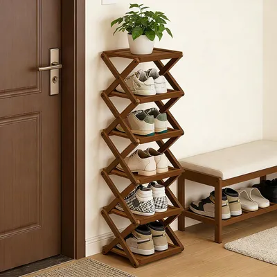 Immagine prodotto di Scaffale pieghevole per scarpe, in bambù, marrone, con 6 ripiani