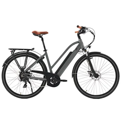 A studio shot of a gray electric bicycle against a white background.