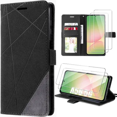 Image de Coque + 2 Verres Trempés pour Samsung Galaxy A56 5G, Protection Anti-Rayure Effet Cuir Élégant Noir