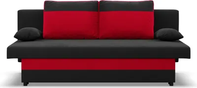 A studio shot of a black and red sofa bed.