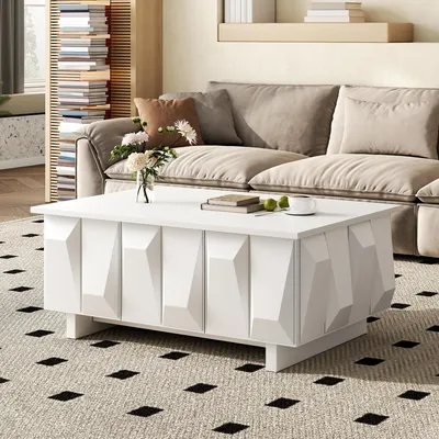 Image de Table basse Merax avec façades à structure 3D, table de salon avec 3 portes et un grand plateau, table d'appoint avec espace de rangement en panneaux de fibres, couleur blanche