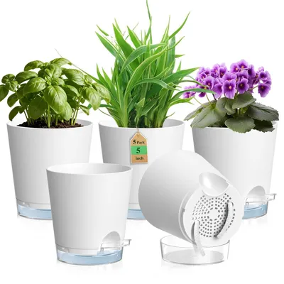 Produktbild von Selbstbewässerungstopf 5er Set Ø 12,7 cm Weiß mit Wasserreservoir und Docht