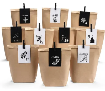 Produktbild von Adventskalender 24 Kraftpapiertüten Zahlen Schwarze und weiße Karten