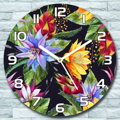Produktbild von Wanduhr aus Glas Rund fi 30 Tropische Blumen Quarz Deko Wohnzimmer Büro