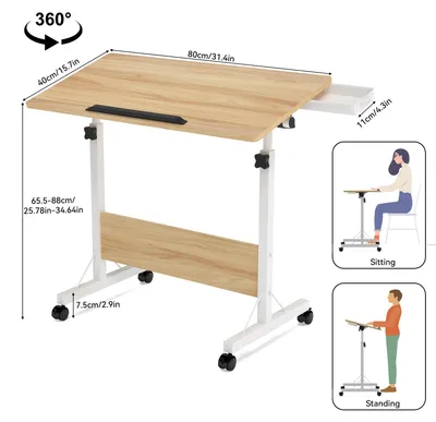 Immagine prodotto di Scrivania pieghevole - Tavolo regolabile in altezza per laptop - Tavolino da letto con rotelle - Piano del tavolo 80x40 cm - Altezza regolabile da 65 a 88 cm - Tavolo computer portatile - Aspetto in legno