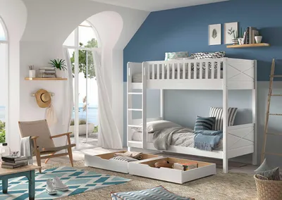 Image de Vipack SCOTT Lit superposé avec 2 surfaces de couchage 90 x 200 cm, incl. sommier à lattes, échelle et 2 petits tiroirs de lit, finition en pin laqué blanc