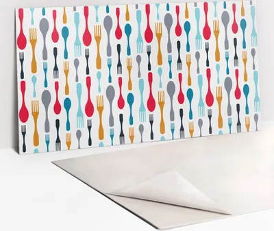 Produktbild von Dekorative PVC Wandpaneele - Küchenpaneele Rückwand hart Innenwand - 100 x 50 - Farbenfroher Besteck