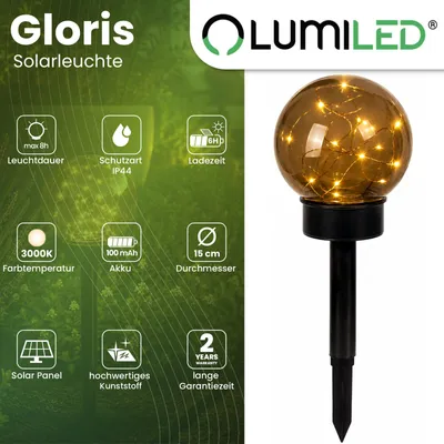 Obrázek produktu pro Sada 4 solárních zahradních světel LUMILED, LED koule, kouřově šedá barva, 15 cm. Solární lampa, světlo pro cestu, model GLORIS, IP44. Solární koule pro zahradu a venkovní použití, osvětlovací koule, 3000K, teplá bílá barva, kouřová barva, s hrotem pro zapíchnutí do země. Venkovní světlo, světlo pro cestu