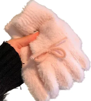 Produktbild von Flauschige Damen-Thermohandschuhe, dicke Winterhandschuhe mit vollen Fingern, mit Schleifen, einfarbig, niedliche warme Plüschhandschuhe für Mädchen, ideal zum Radfahren und für tägliche Erledigungen.