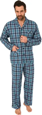 Produktbild von Herren Flanell Pyjama Schlafanzug zum durchknöpfen - auch in Übergrössen 281 101 95 649 ; marine , 54