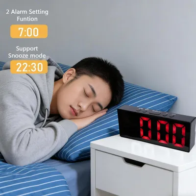 Obrázok produktu pre LED zrkadlový budík s digitálnym displejom s uhlopriečkou 6,25 palca, záložným napájaním z batérie, nastaviteľným jasom, dvoma budíkmi a funkciou odloženia budíka – do spálne alebo kancelárie