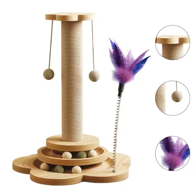 Produktbild von Kratzbaum für Katzen, 50cm Kratzpfosten mit Spielzeugball und Drehteller, Sisalseil für Kratzbaum, mit Federn für Katzenunterhaltung