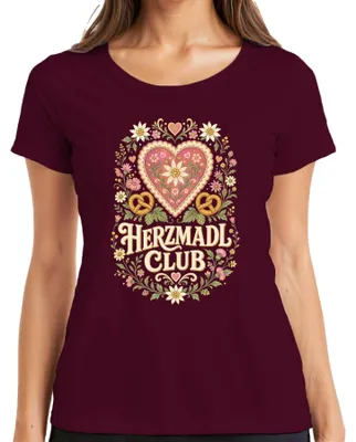 Obrázek produktu pro Herzmadl Club, , Edelweiss, Preclík, Kožená sukně (Lederhose), Tradiční dámské šaty (Dirndl), Dámské tričko, Barva: vínová, Velikost: M