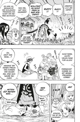 A collage of manga panels showing characters and scenes from One Piece.