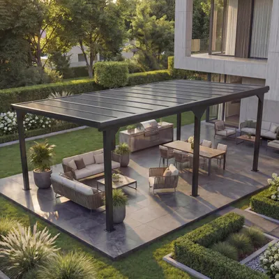 Zdjęcie produktu dla Pergola aluminiowa HWC-O23, osłona patio pawilonu, solidna rama 10cm dach z poliwęglanu rynna deszczowa 3x6m ~ antracyt