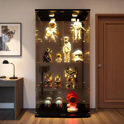 Immagine prodotto di Vetrina INONEFT con illuminazione a LED, mobiletto espositivo a due ante e 4 ripiani, in vetro temperato, con retro riflettente, ideale per il soggiorno, dimensioni 80x36x164 cm, colore nero