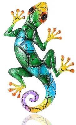 Produktbild von Tagesartikel- Gecko Statue Handbemalt - Gartendekoration für Außen - Wanddekoration - Bunte Gartenbilder - Edelstahl - Maße 43x27x3 CM
