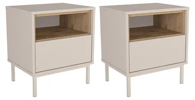 Produktbild von 2er-Set Nachttische mit 1 Schublade und 1 Ablage - Beige und Naturfarben hell - FAZYRA