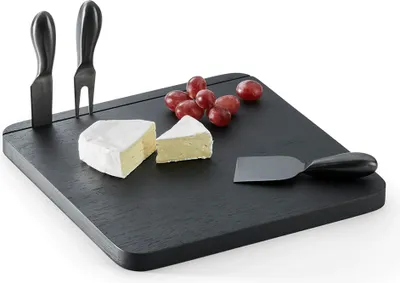 Produktbild von Philippi Fromage Käsebrett mit 3 Messern Edelstahl, schwarz galvanisiert, Holz, zum Wenden 189012