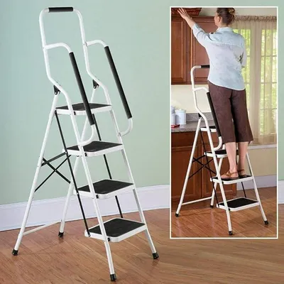 Produktbild von Stahl-Klapptritt mit Handlauf, 4 Stufen, hoher Sicherheitshaltebügel, Klappsicherung, belastbar bis 150 kg