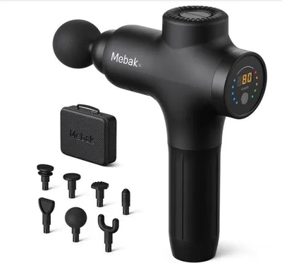 Produktbild von Mebak 3 Massagepistole Massagegerät Massage Gun Muskel 3200U/min 12MM Amplitude Elektrisches Handmassagegerät Faszien Tiefengewebe Tragbares für Nacken Rücken Körper mit 7 Köpfen 5 Stufen 2600mAh Akku, Schwarz