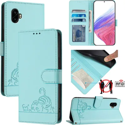 Produktbild von Leder Hülle für Samsung Galaxy Xcover6 Pro Süße Katze Flip Case Brieftasche Schutzhülle mit Standfunktion hellgrün