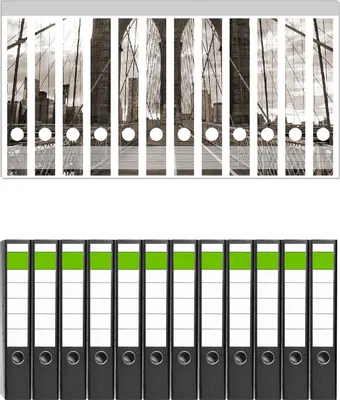 Produktbild von Wallario 12 Stück schmale Ordner inkl. Klebeetiketten mit Motive Brooklyn Bridge in New York -  Set mit Rückenschildern / Ordnerrücken Stickern
