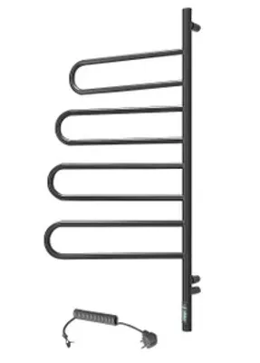 A black, modern towel warmer with four U-shaped arms mounted on a vertical bar, shown against a white background. A power cord with a plug is visible at the bottom.