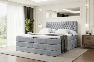 Produktbild von ALTDECOR Boxspringbett mit 2 Matratzen und Topper - 160x200 cm - SERENE KING - Hellgrau Samt - Polsterbett mit, H3- und H4- Matratzen, Bettkasten und Lattenrost, Bett mit Stauraum