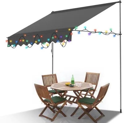 Immagine prodotto di Tenda da sole con illuminazione LED UV e protezione dall'acqua, ideale per balcone, terrazza e giardino - Tenda da sole regolabile, colore grigio, lunghezza 400 cm