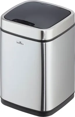A silver and black sensor trash can.