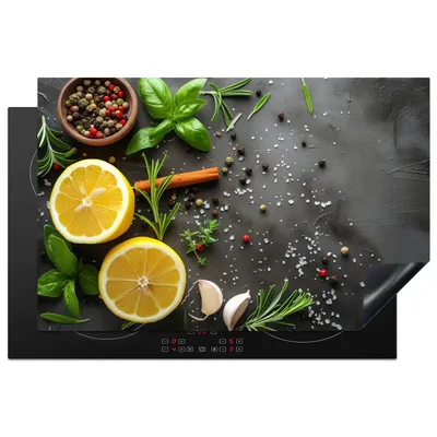 Obrázok produktu pre KitchenYeah® Kryt varnej dosky citrón - bylinky - betónový vzhľad, 80x52cm, kuchynská dekorácia, keramický kryt varnej dosky, kryt varnej dosky