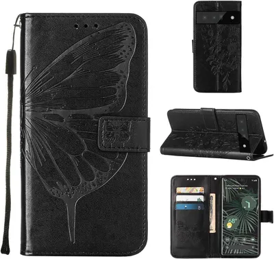 Produktbild von Google Pixel 6 Pro Hülle, Schmetterling Prägung Flip Leder Kartenfächer Schutzhülle Ledertasche mit Ständer für Google Pixel 6 Pro Schwarz