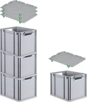 Produktbild von SuperSparSet 4x Eurobox NextGen Economy mit Auflagedeckel und 4x Schiebeschnappverschlüsse Grün | Griffe offen | HxBxT 32x30x40cm | 30 Liter | Eurobehälter, Transportbox, Transportbehälter, Stapelbehälter