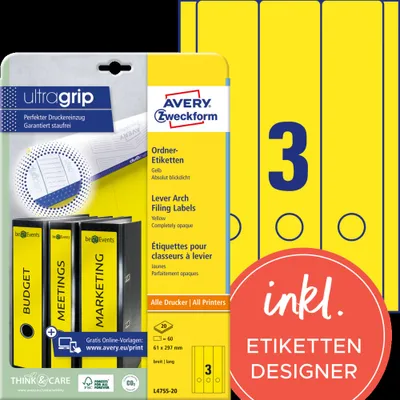 Produktbild von Avery Zweckform L4755-20 Ordner-Etiketten, A4 mit ultragrip, 61 x 297 mm, 20 Bogen/60 Etiketten, gelb