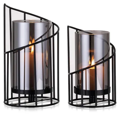 Kerzenhalter mit Glaszylinder, 2er-Set, schwarz, 19,5 cm & 15,5 cm