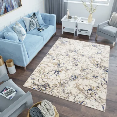 Produktbild von Teppich Wohnzimmer Schlafzimmer Kurzflor Modern Design Blau Abstrakt Meliert 80 x 150 cm