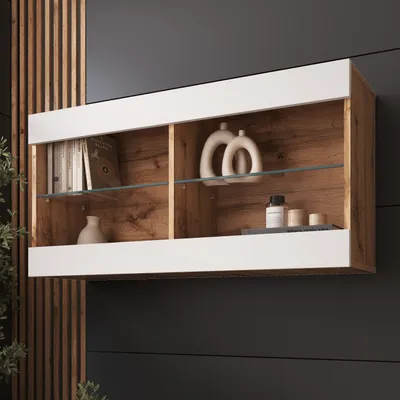 Produktbild von Komodee, Hängende Vitrine Schrank Tivoli, Weiß/Wotan, Breite 100cm x Höhe 50cm x Tiefe 29cm, 2 Regalböden, für Wohnzimmer, Schlafzimmer, Eingang