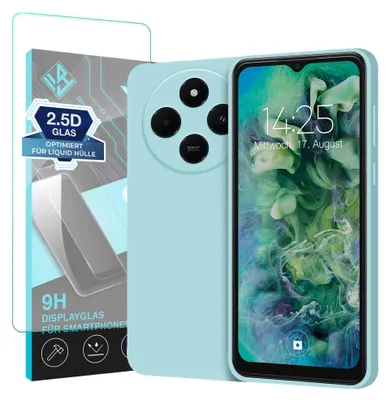 Produktbild von Hülle für Xiaomi Redmi 14C mit 9H Displayglas Displayschutz Case Cover Bumper Smartphone Softgrip Schutzhülle Farbe: Hellblau