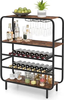 Zdjęcie produktu dla COSTWAY 5-poziomowy stojak na wino, stojak na 16 butelek, stojak na wino z uchwytami na kieliszki, stojak ekspozycyjny, 90x35x117 cm, vintage brązowy