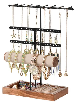 Produktbild von Schmuckständer mit 5 Ebenen - Schmuckkästchen - Ohrringhalter - Halskettenhalter - Armbandhalter - Hochwertiges Metall und Holz - Schmuckaufbewahrung