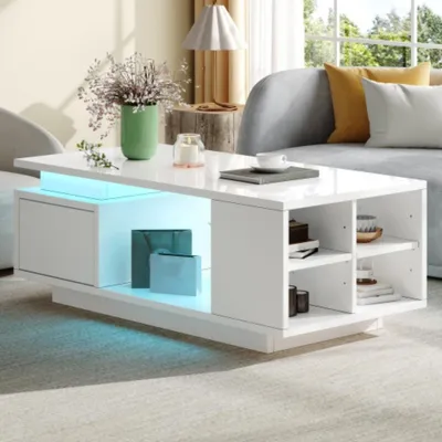 Produktbild von Couchtisch, kaffeetisch mit Schublade,Hochglänzender LED-Beistelltisch, Sofatisch,Wohnzimmertisch 100*50*36cm