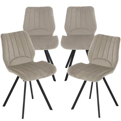 Four taupe dining chairs with black metal legs arranged on a white background.