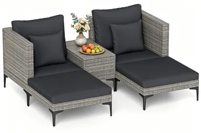 Produktbild von KOMFOTTEU Rattan Gartenmöbel Set, Sonnenliege 2 Personen, 5-teilige Gartenlounge Set Gartensofa mit Liegefunktion, Gartenliege Lounge Set für Garten, Balkon, Terrasse, Poolrand (Grau+Schwarz)