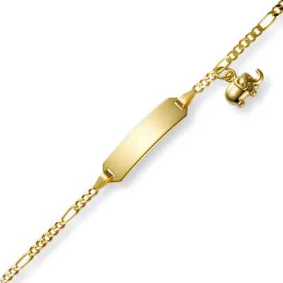 Immagine prodotto di Bracciale stile Figaro con elefante, in oro giallo 585, lunghezza 12-14 cm, con placchetta identificativa, ideale per bambini