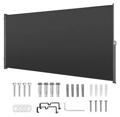 Zdjęcie produktu dla Wysuwana boczna markiza, 185 x 420 cm. Wysuwana boczna zasłona na patio, wykonana z poliestru o gramaturze 180 g/m², wodoodporna. Osłona przeciwsłoneczna, zapewniająca prywatność, idealna do ogrodu, balkonu, basenu, tarasu. Kolor: szary